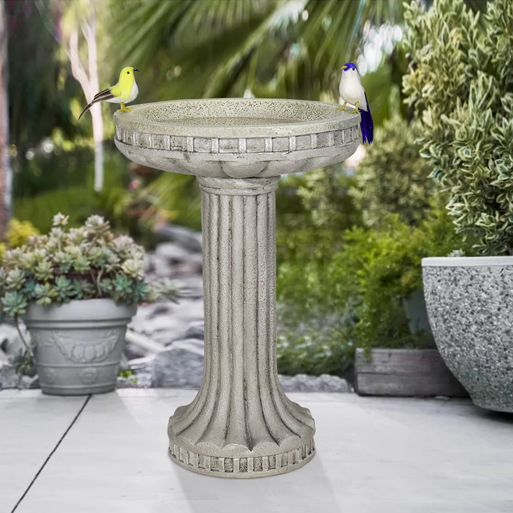 24" H Outdoor Garden Bird Bath, Classical Pillar Shape Garden Statues Decoration Yard and porch, with Marble Finish