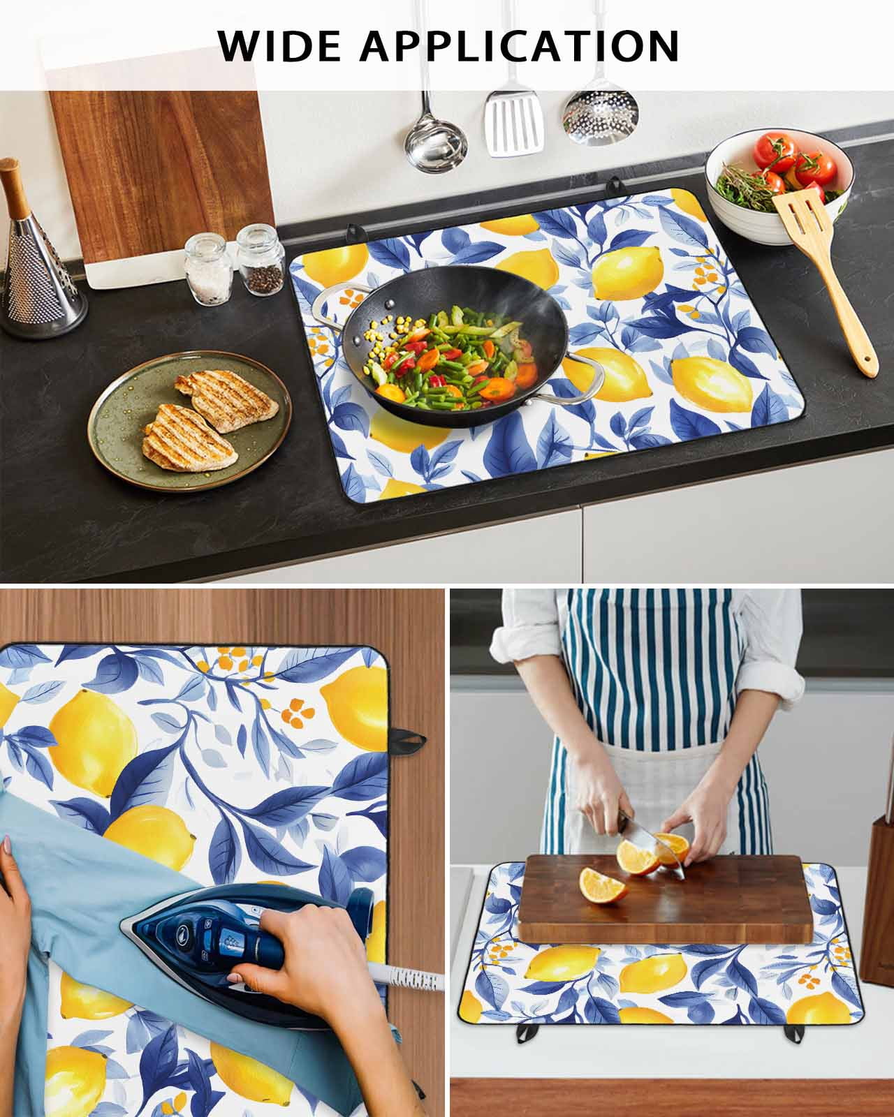nqOlkjepod Large Induction Cooktop Protector Mat 36"x21", Summer Lemon Stove Top Covers for Electric Stove, Watercolor Yellow Blue Garden Floral Stove Burner Cover Mats, Glass Top Stove Cover