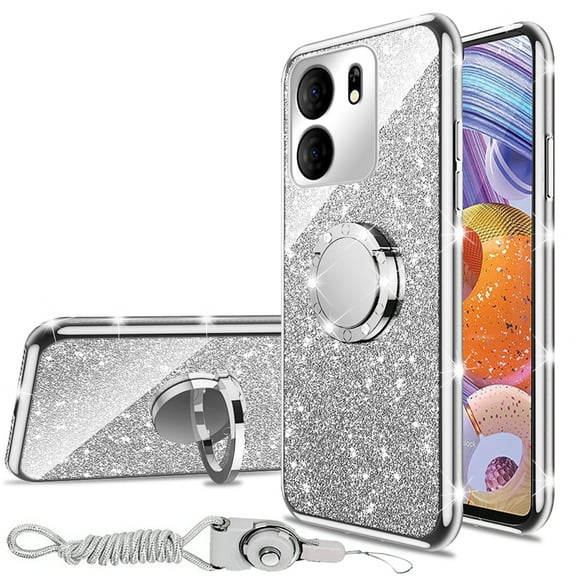 nancheng for BLU View 5 Case 6.56-inch, for BLU B160V Case with Ring Kickstand Lanyard Shockproof Protection Phone Case Cute Soft TPU Glitter Cover for Girls Women Men - Silver