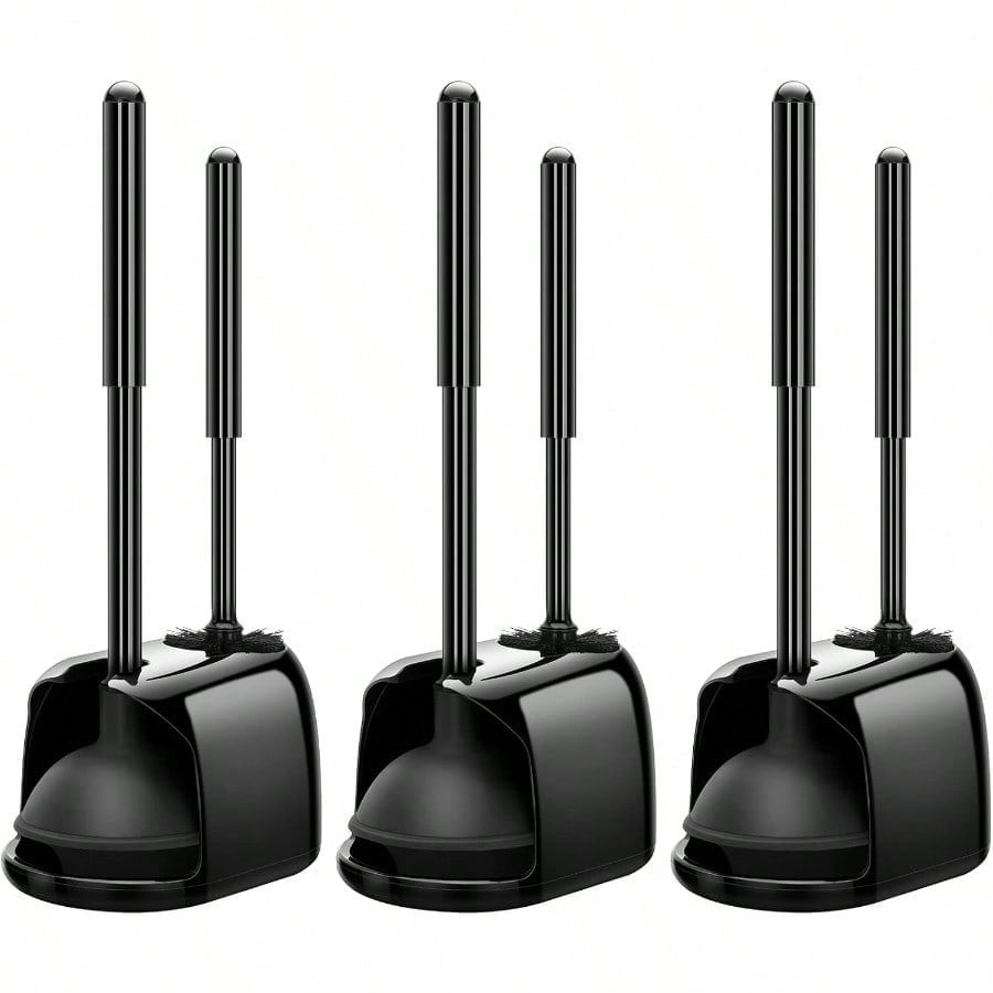 Toilet Brush and Plunger Set 3 Pack Toilet Plungers for Bathroom with Holder Heavy Duty Toilet Bowl Brush and Holder Hidden for Deeply Cleaning - Black