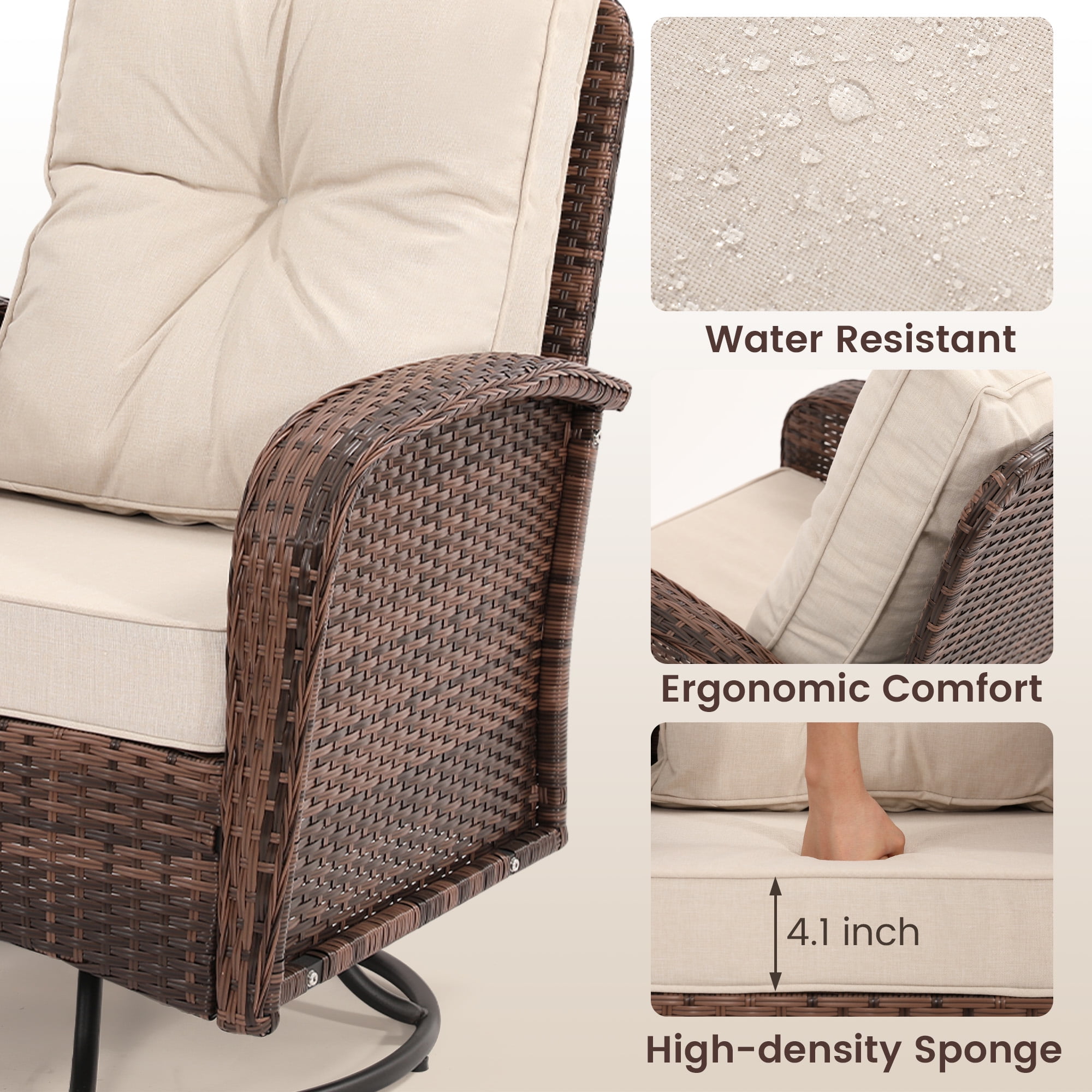 LOGYAT 3-Piece Swivel Wicker Patio Furniture Set, All-Weather Resin Rattan Chairs with Washable Cushions, Tempered Glass Top Side Table for Porch Deck Balcony, Beige Cushions