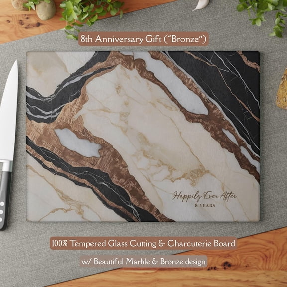 Beautiful 8th "Bronze" Anniversary Marble-design *Glass* Cutting & Serving Board 8th Wedding Anniversary Gift 8th Anniversary Charcuterie