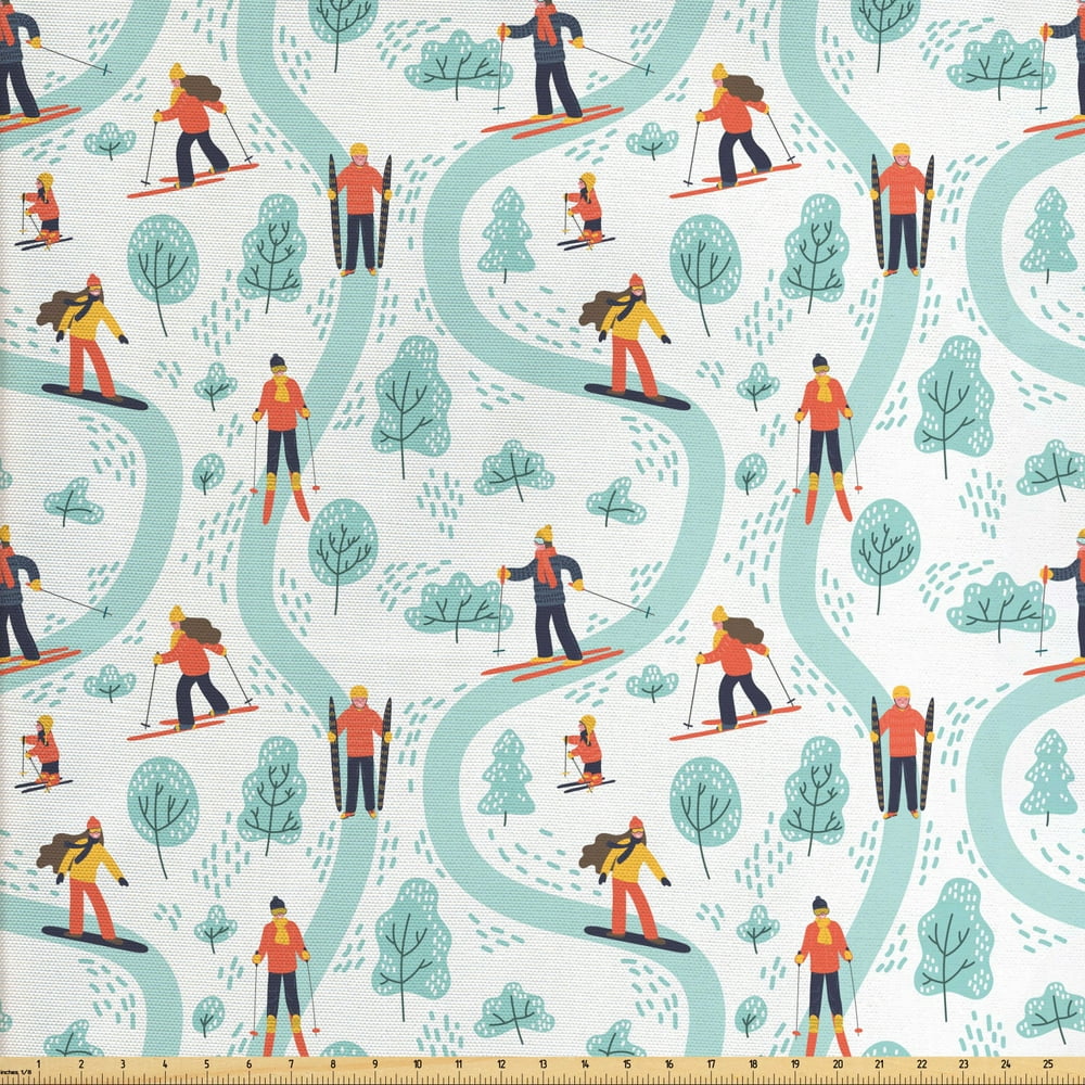 Ski Pattern Fabric by The Yard, Continuous Pastel Skiing People on