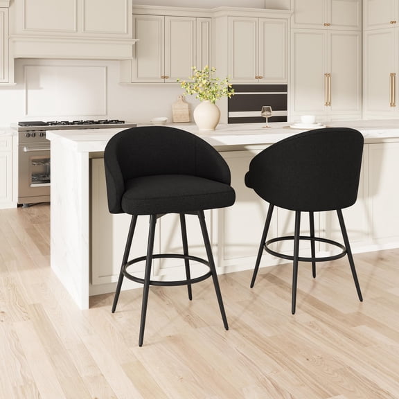 Bar Stools Set of 2 Swivel 360 Degree with Ergonomic Backrest, Modern Linen Upholstered Counter Height Chairs Footrest Black Metal Frame for Kitchen Island Dining Room