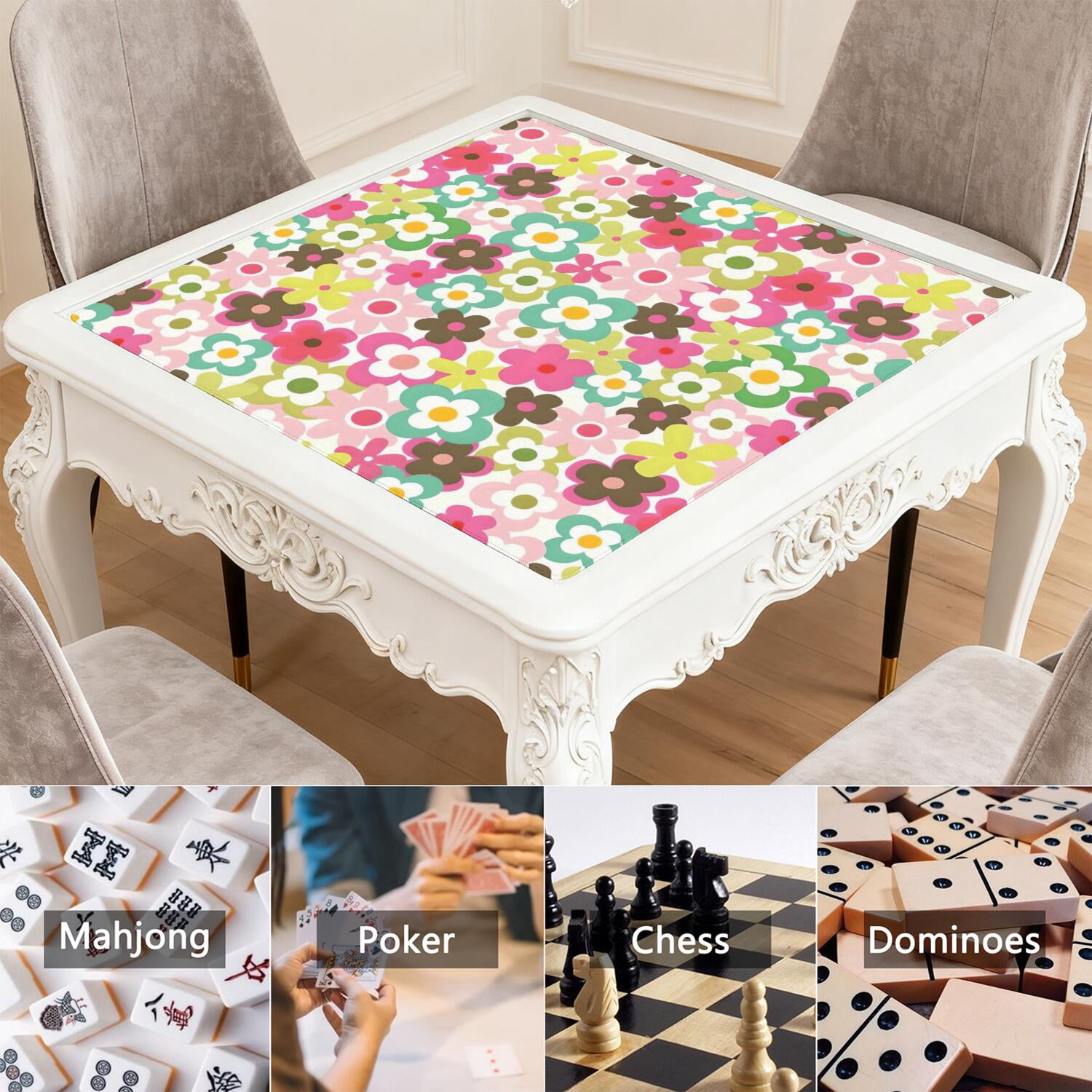 Floral Style Mahjong Tile Mat 31.5 Inch Square Rubber Construction Offers Non-Slip Grip and Sound Reduction for Games