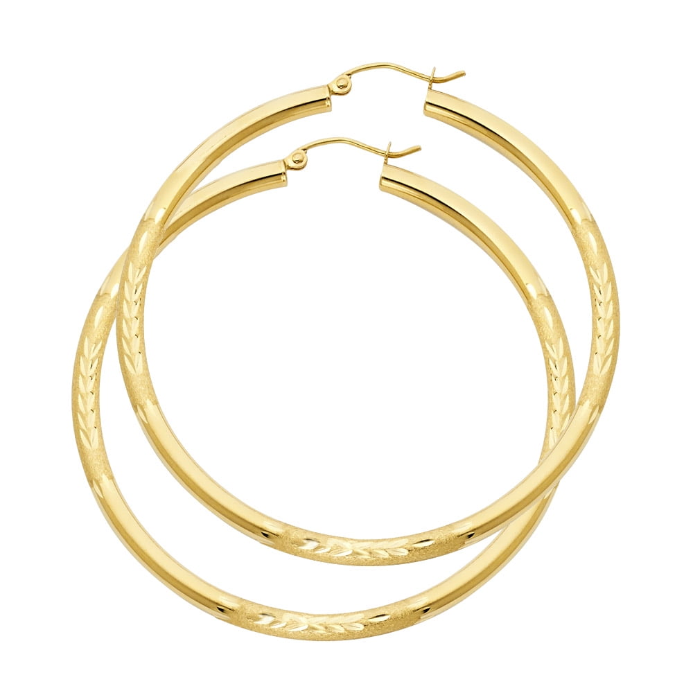 3mm X 60mm Large Diamond Cut Shiny Round Hoop Earrings REAL 14K Yellow Gold 