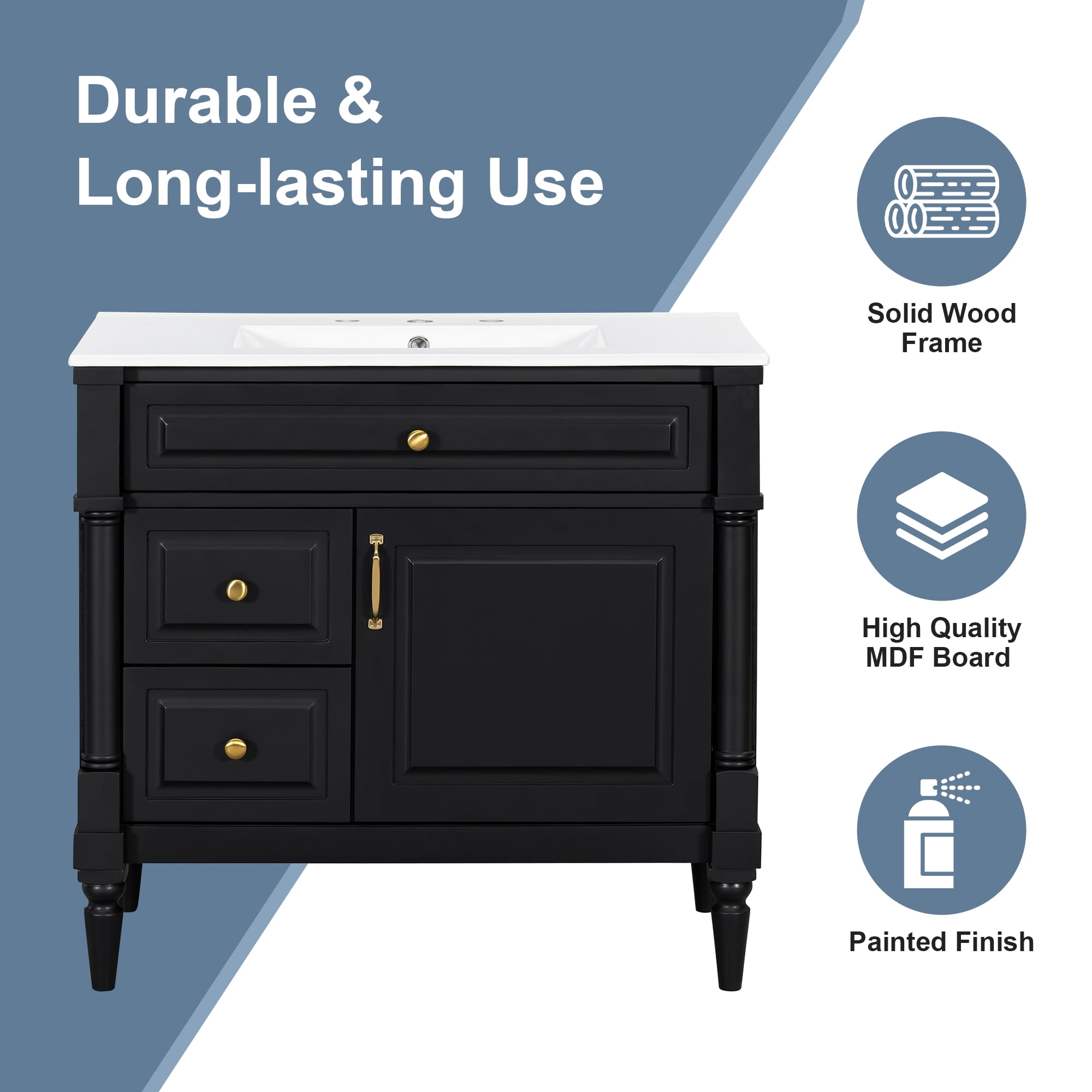Euroco 36" Bathroom Vanity with Sink, Freestanding Bathroom Cabinet with Ceramic Basin, Flip Drawer, Adjustable Shelf, Rubberwood Frame & MDF Panels, Metal Handles, Black Painted Finish