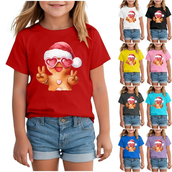 Ulanda Kid Gingerbread Man Blowing Pink Bubble Peace Sign Christmas T-Shirt (Grey, 5-6 Years)