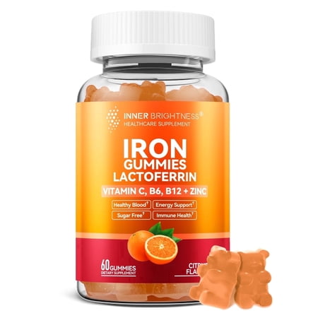 Inner Brightness Iron Gummies with Lactoferrin, Vitamin C & Zinc for Anemia Support, Gentle Vegan Supplement to Boost Energy & Blood for Men & Women