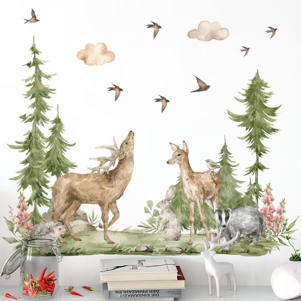 Mountain Tree Wall Stickers Large Pine Tree Forest Animal Wall Decals deer Wall Stickers and Stick Wall Art Decals for Kids Room Baby Nursery Bedroom