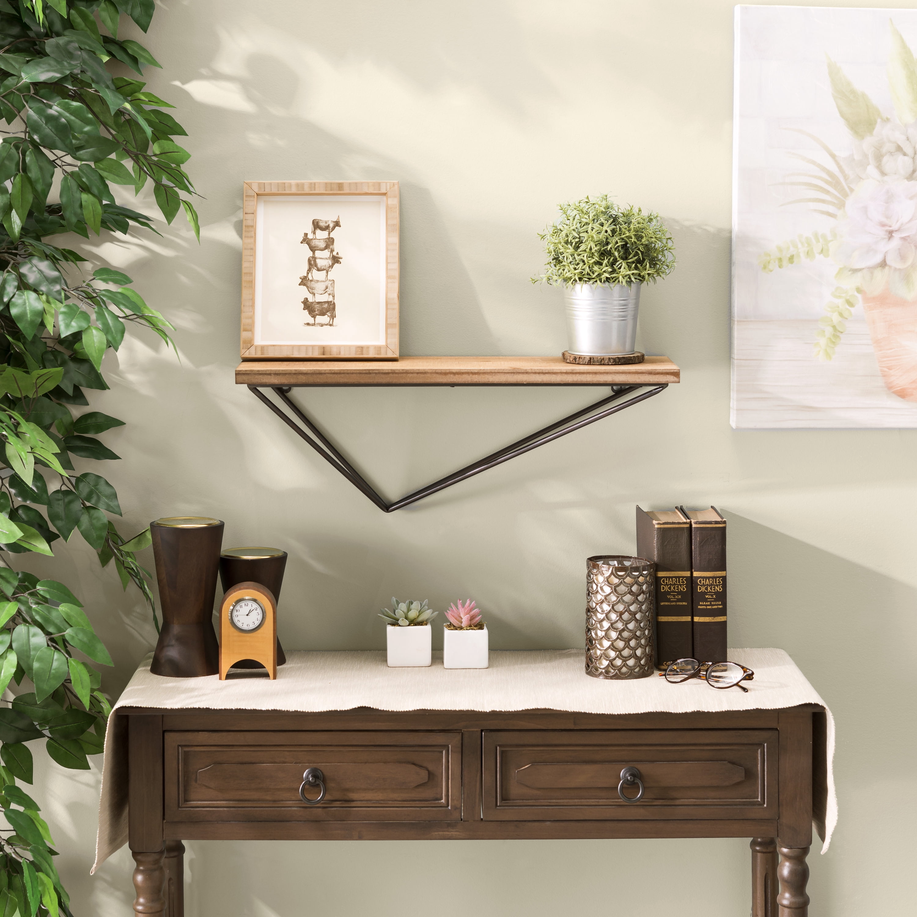 Danya B. Rustic Wall Mount Pine Wood Floating Display Shelf with Diamond-Shaped Asymmetrical Iron Bracket