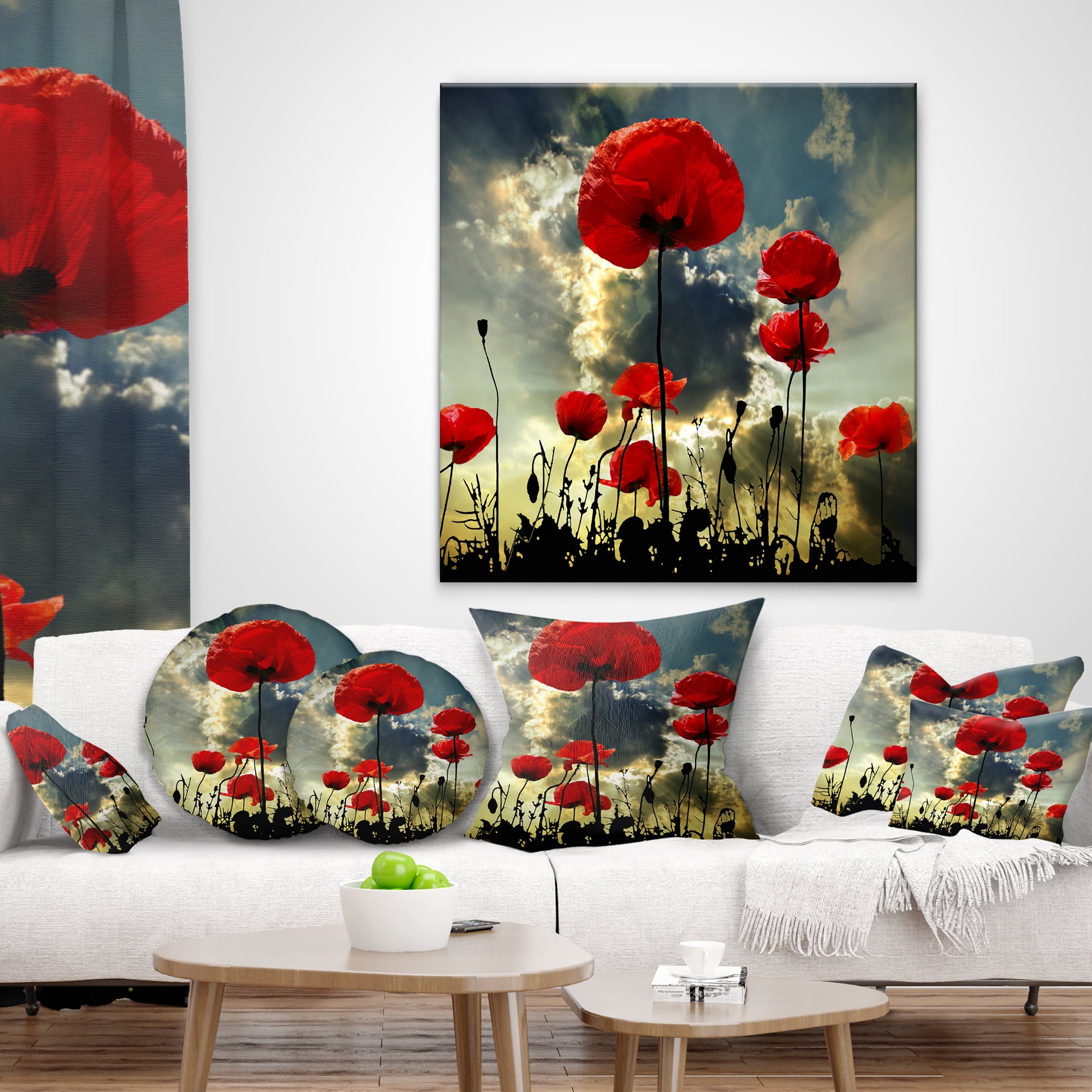 Designart Poppies on Thunderstorm Background - Floral Throw Pillow - 16x16