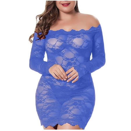

DNDKILG Womens Teddy Eyelash Lace Lingerie Nightgown Long Sleeve Chemise Off the Shoulder Sexy Babydoll Blue 2XL