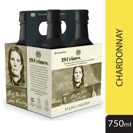 19 Crimes Hard Chardonnay White Wine, 4 Pack, 187mL Bottles, 15% ABV.