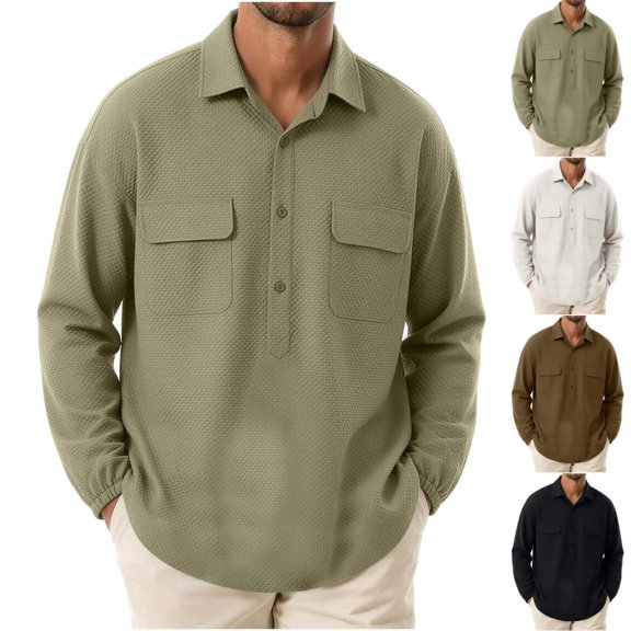 Bxsruta Men's Pullover Shirts Long Sleeve Half Button Down Tops with Pockets Textured Casual Workwear
