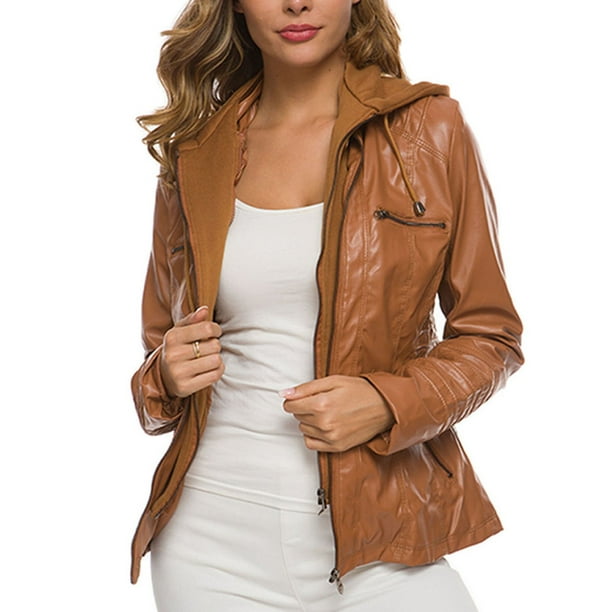 WEIGOSA ROSA Female Coat, Solid Color Long Sleeve Hooded Leather