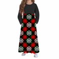 thumbnail image 4 of Vestido de manga larga con cuello redondo para niña, estampado navideño, manga larga, cuello redondo, bolsillos, falda larga informal para adultos, vestido de poliéster para niña., 4 of 5