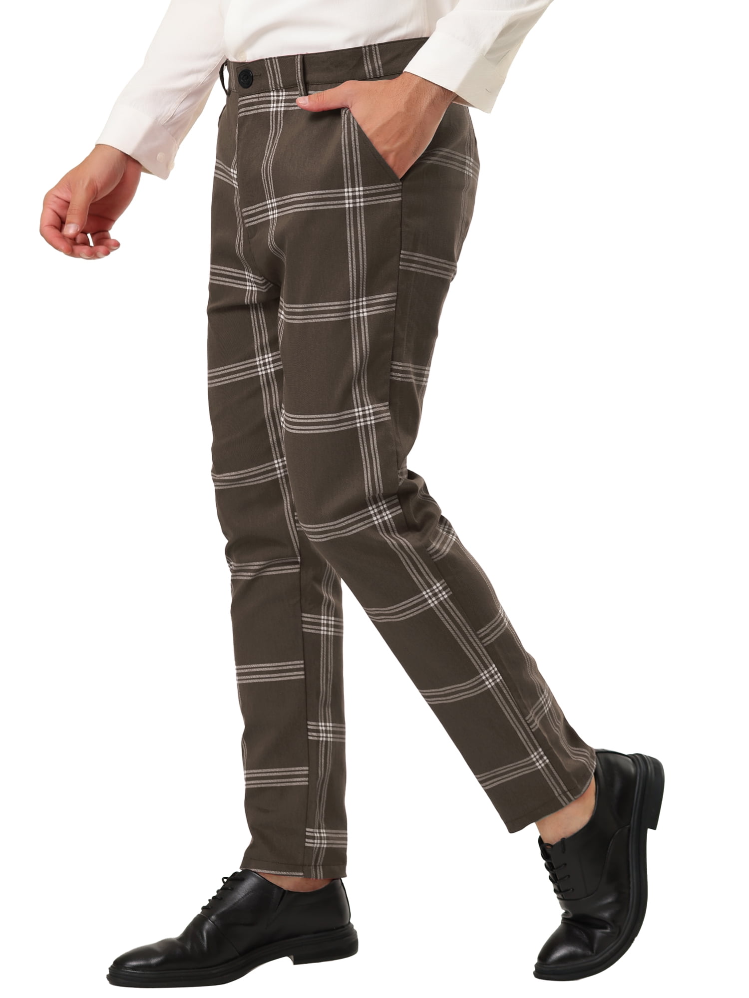 Unique Bargains Men's Business Plaid Pants Casual Slim Fit Flat Front Checked Trousers 32 Brown