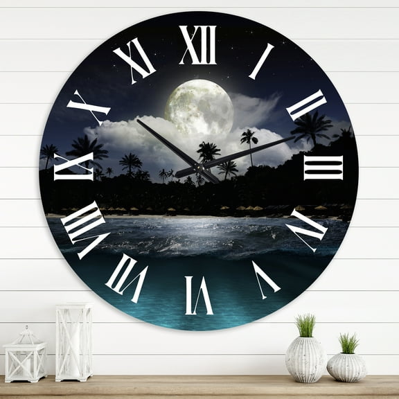 Designart 'Fishing Boat Under Tropical Full Moon' Modern Wall Clock