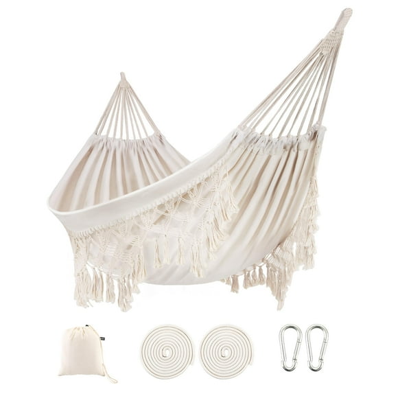 Hamaca ROOITY para interior con flecos de macramé para 2 personas Blanca