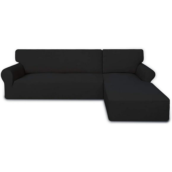 Super Stretch Sectional Couch Covers - 2 pcs Spandex Non Slip Sofa Covers with Elastic Bottom for L Shape Sectional Sofa Couches, Great for Kids & Pets (3 Seat Sofa + 3 Seat Chaise, Black)