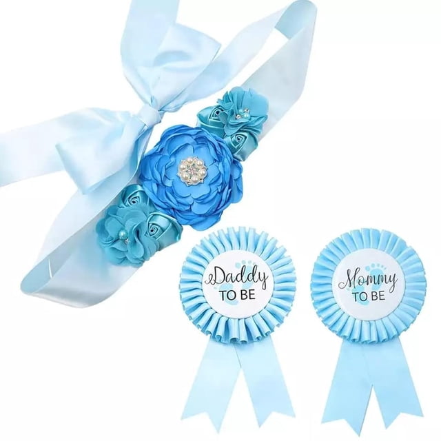 GDTO8820 CoolerthingsDG 3 piezas, 2 insignias y un cinturón, conjunto de faja de maternidad azul bebé y ramillete de papá para ser, faja para baby shower, faja para embarazo, recuerdo, cinturón para e