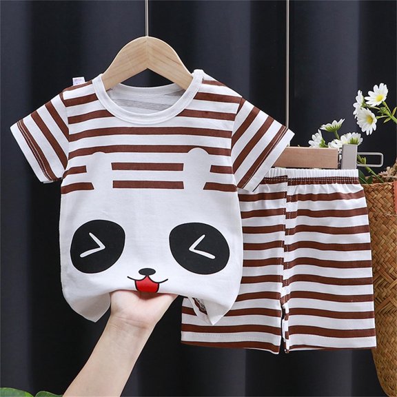 Kids Clothes Set Boy Girl T-Shirt & Shorts Summer Cartoon Casual Clothes Set (Coffee 6-12 Months)