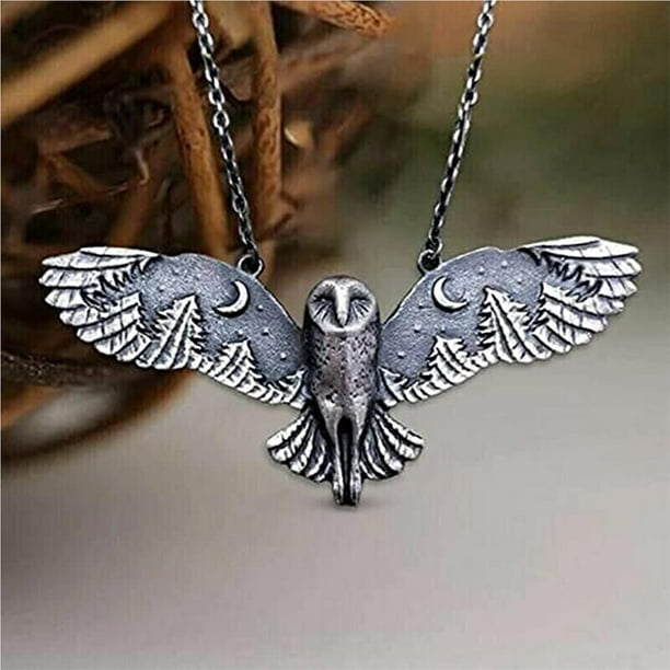 Silver Owl Moon Forest Necklace Retro Forest Owl Necklace Moon