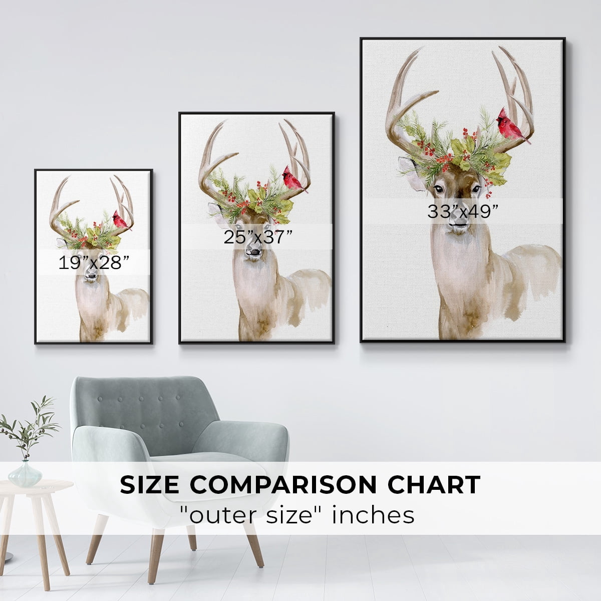 Holiday Deer I - Framed Gallery Wrapped Holiday Canvas - 17 x 25 - Black Frame