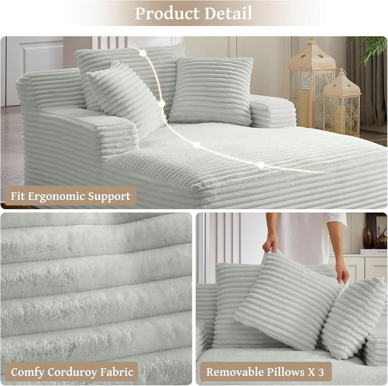 Oversized Chaise Lounge Chair Indoor, Upholstered Sofa Bed Sleeper Sofa Corduroy Cloud Couch Boneless Sofa Reading Chair with 3 Pillows for Living Room, 49.2''x66.1''