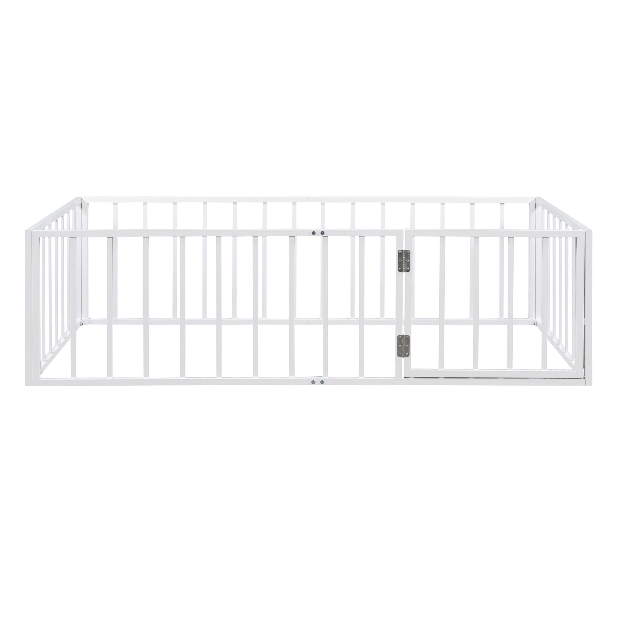 Twin Size Floor Bed with Fence and Door, Low Profile Metal Montessori Bed Frame with Slats Supports,Easy Assembly, No Box Spring Needed,White