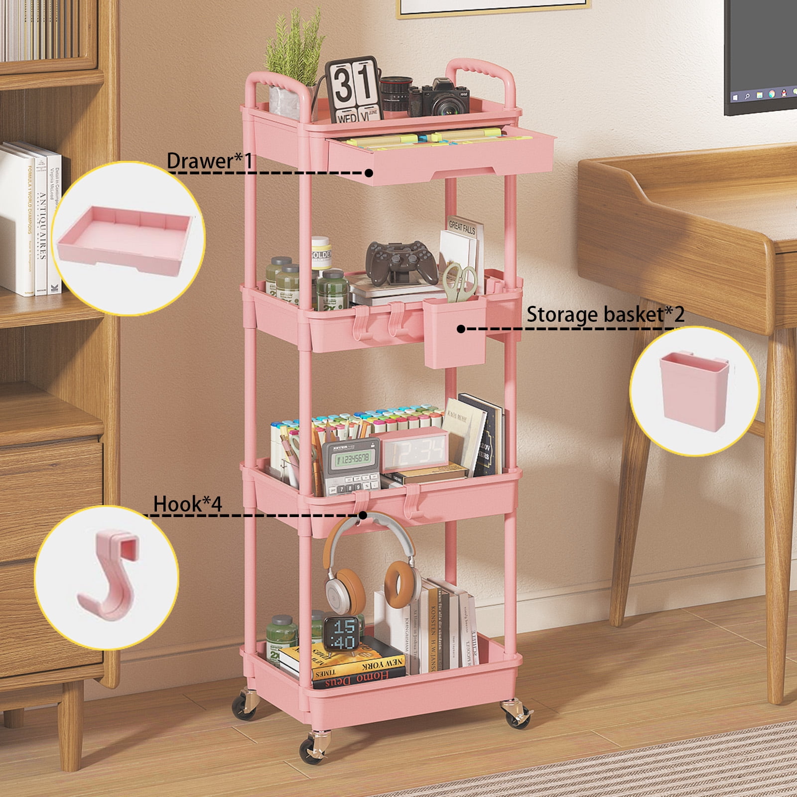 LLMRR 4 Tier Rolling Utility Cart with Drawer, Cart with Drawer & Handle, Bathroom Cart Organizer, Rolling Storage Cart with Drawer, Rolling Cart with Lockable Wheels for Kitchen, Office, Pink