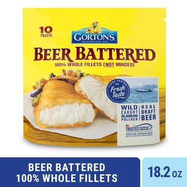 Gorton’s Beer Battered Fish 100% Whole Fish Fillets (Not Minced), Wild Caught Pollock, Frozen, 10 Count, 18.2 Ounce Resealable Bag