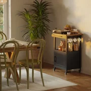 Rolling Kitchen Island Cart with Rubber Wood Countertop, Mobile Storage Cart Featuring Drawer, Cabinet, Shelf and Side Hooks, Compact Microwave Stand for Small Kitchen Spaces, Black