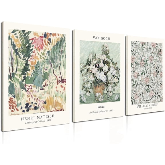 Induslyfe Framed Sage Green Vintage Wall Art Canvas Decor Set of 3, Matisse Wall Art Prints Posters Mid Century Modern Art, Aesthetic Floral Botanical wall art for bedroom living room bathroom 12x16