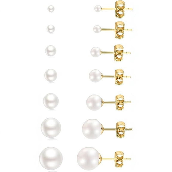 18K Gold Plated Pearl Stud Earrings Set for Women 7 Sizes 3-10mm Hypoallergenic Pearl Earrings for Sensitive Ears Tiny to Large Pearl Studs for Daily Wear
