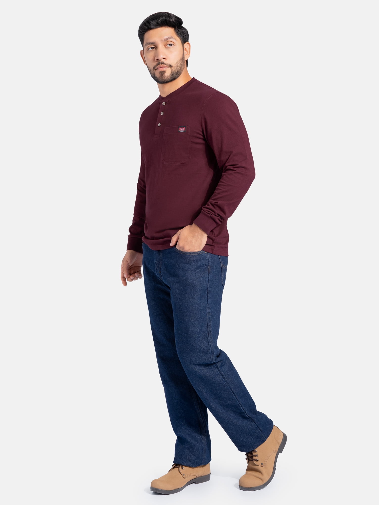 Wrangler Workwear Men's Heavyweight Long Sleeve Henley Pen Pocket Shirt, Size S-3XL