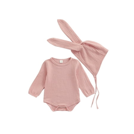 

Qiylii Baby Girls Romper Long Sleeve Round Neck Bodysuit + Rabbit Ear Hat