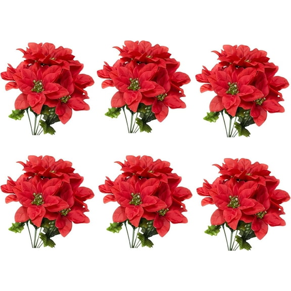 Fymlhomi 6 Pack Artificial Poinsettia Bushes,13.8 Inch Faux Red 7 Stems Velvet Poinsettia Floral for Indoor Outdoor Christmas Tree Ornament Home Porch Decorations