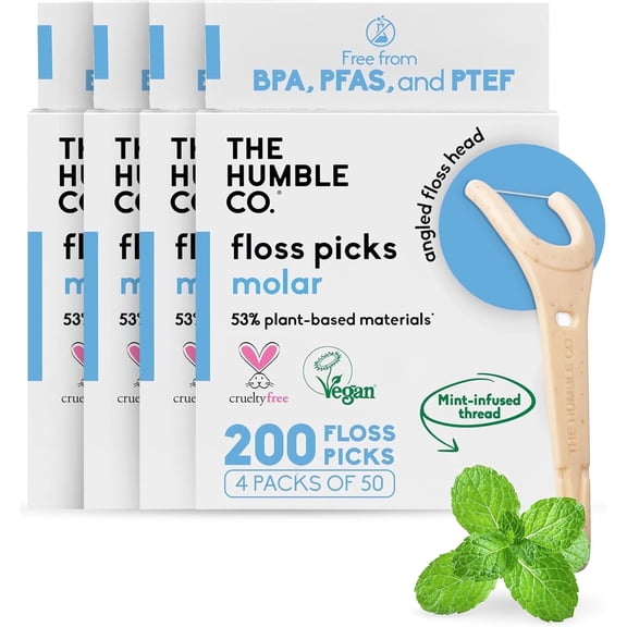 The Humble Co. Floss Picks (200 Count) – Plant Based Dental Floss Picks with Grip Handle for Superior Oral Care, Dental Hygiene, and Gum Health, Cruelty Free Tooth Floss Picks (Mint)