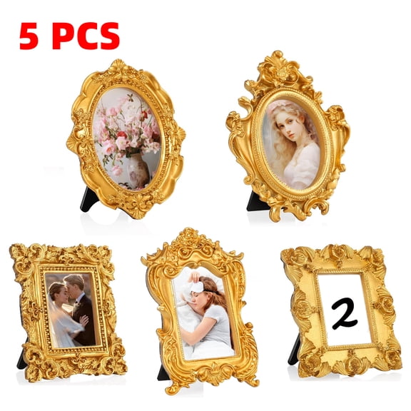 5 Pack Mini Gold Picture Frames, Small Hanging Vintage Picture Photo Frames For Wall, Table Display