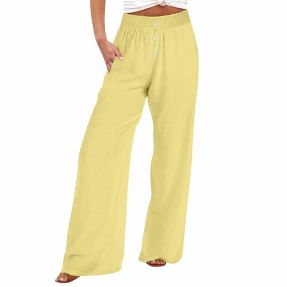 Linen Cotton Pants For Women Pull On Straight Leg Slacks Loose Casual High Waist Trousers With Pocket