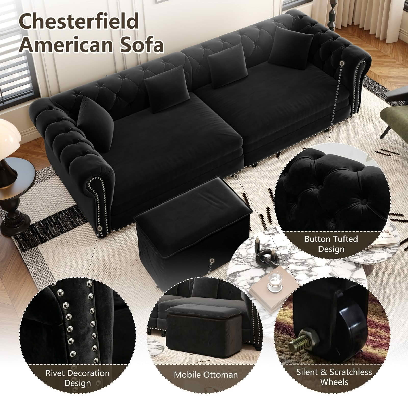 MAYEERTY 89" Chesterfield 3‑in‑1 Pull‑Out Sofa Bed, Tufted Velvet 3‑Seater Couch with Movable Ottoman, King Size Sleeper Chaise Lounge, 4 Pillows Included