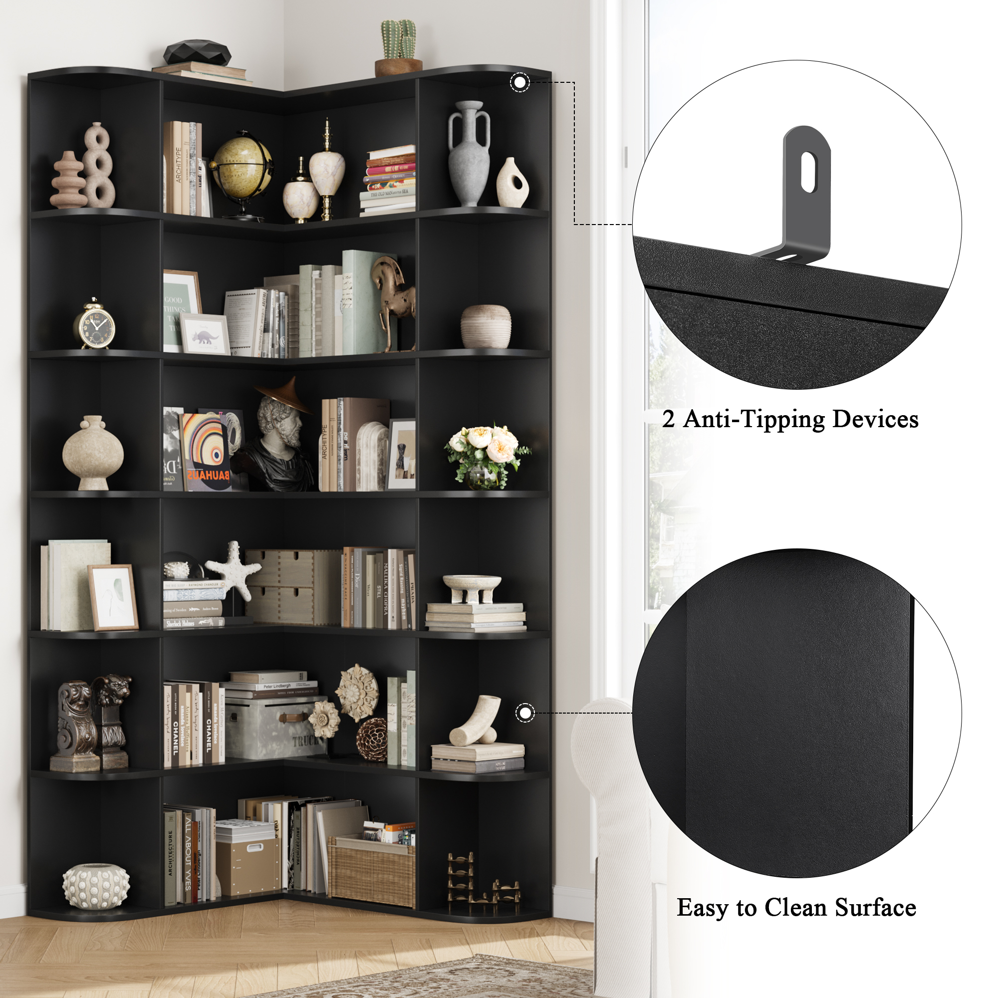 Homfa 6-Tier Corner Bookshelf, Black, 73.9 Inches photo 7