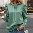 thumbnail image 2 of UJNDER Women's Hooded Sweatshirt Solid Color Drawstring Puff Sleeve Pullover Long Sleeve Casual Winter Light Green L, 2 of 6