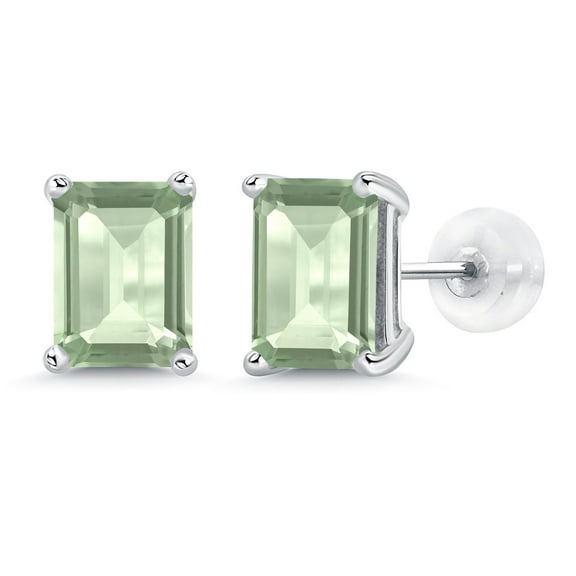 Gem Stone King 14K White Gold Green Prasiolite Stud Earrings for Women Men (3.00 Cttw, Gemstone Birthstone, Emerald Cut 8X6MM)