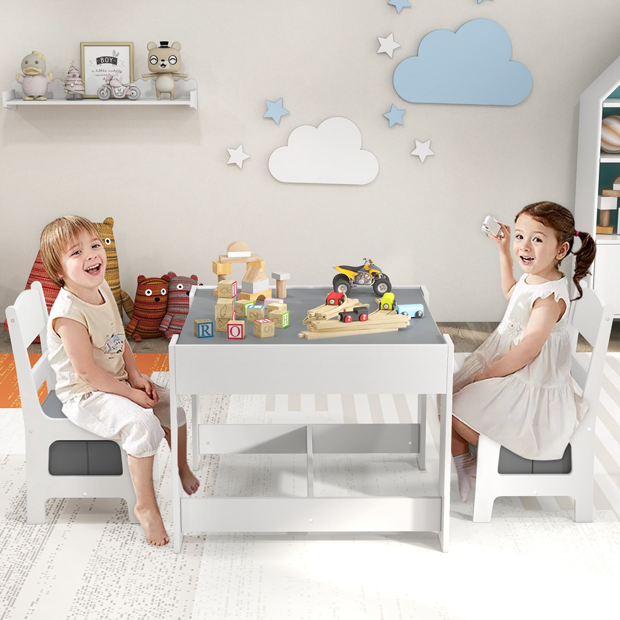 Costway Kids Table Chairs Set With Storage Boxes Blackboard Whiteboard Drawing Grey