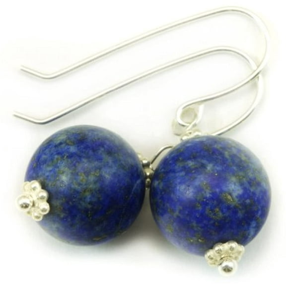 Sterling Silver Lapis Lazuli Earrings Smooth Matte Finish Denim Blue Round StonesBeaded Accents Dangle Drops Designed for Adult Women