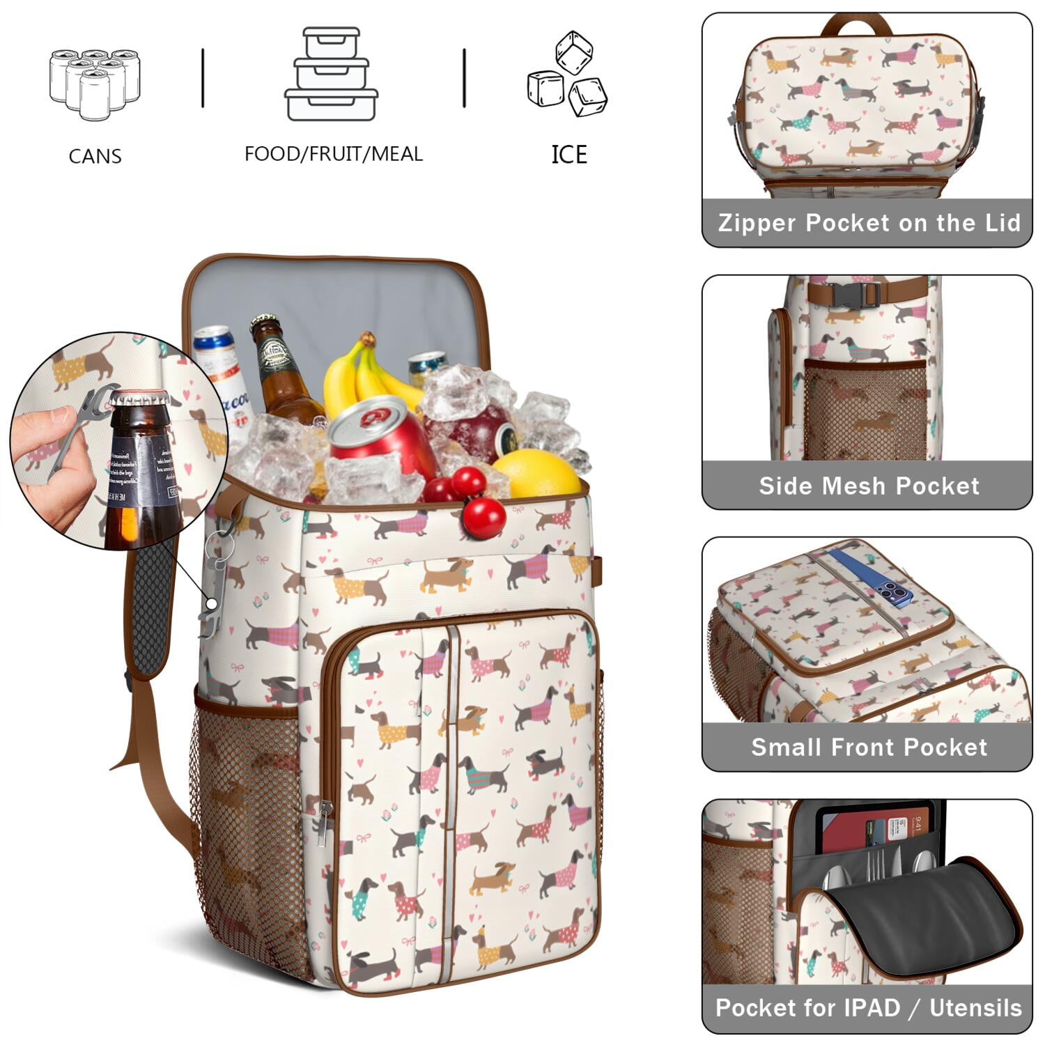 Travel Cooler Bag - Colorful Funny Dachshund Camping Beer Cooler Backpack with Bottle Opener- Waterproof Insulated Picnic Backpacks - Cooler Bag for Beach