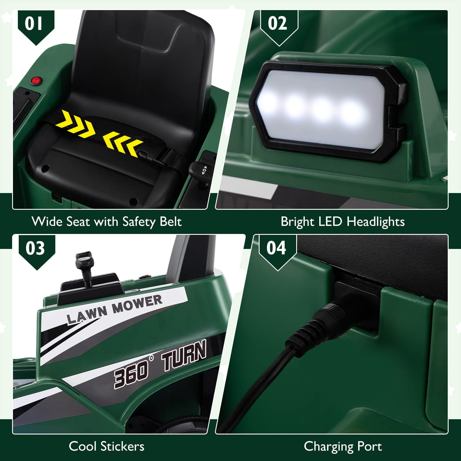 Costway 12V Ride on Lawn Mower with Dual Control Sticks LED Lights Twist Turn for Aged 3-8 Green